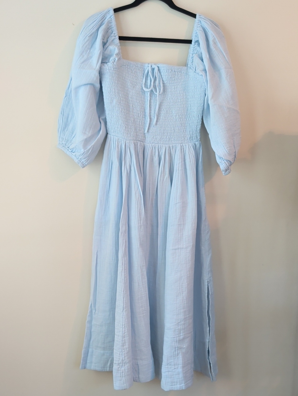 Quince Light Blue Maxi Dress with Smocked Bodice and Puff Sleeves